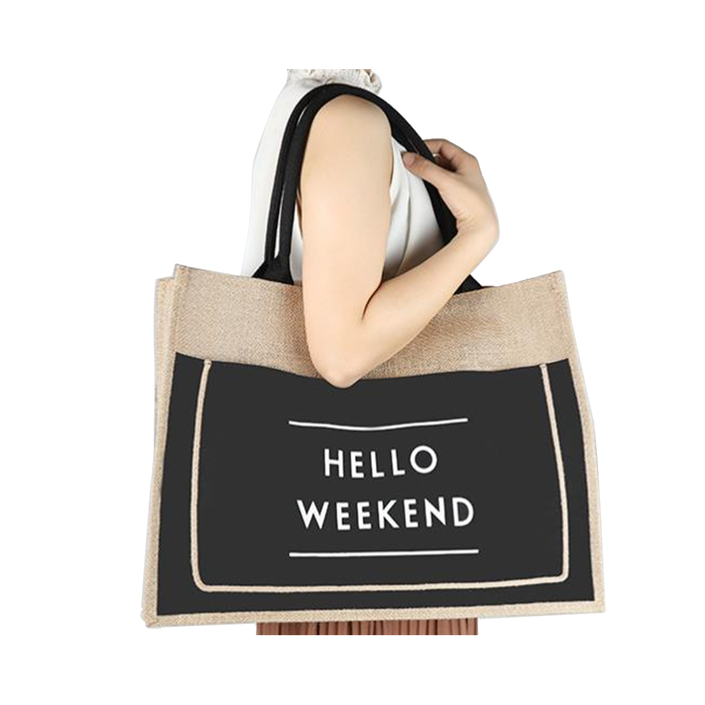 Jute beach sacculum pro mulieribus salve weekend vibes burlap beach tote bag inner zipper pocket personalized bag