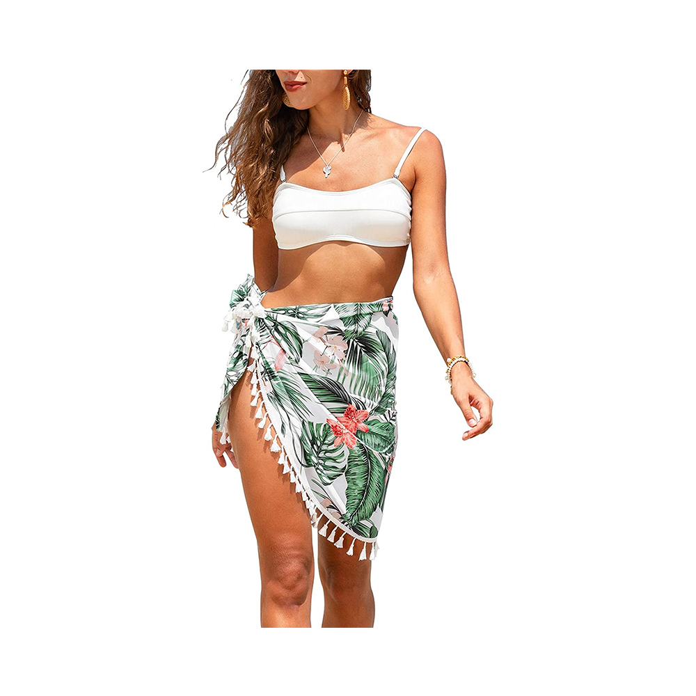 C% Polyester mulierum sarongs involvere fimbriam tropicam oram fimbriam cingulum latus litus cover up