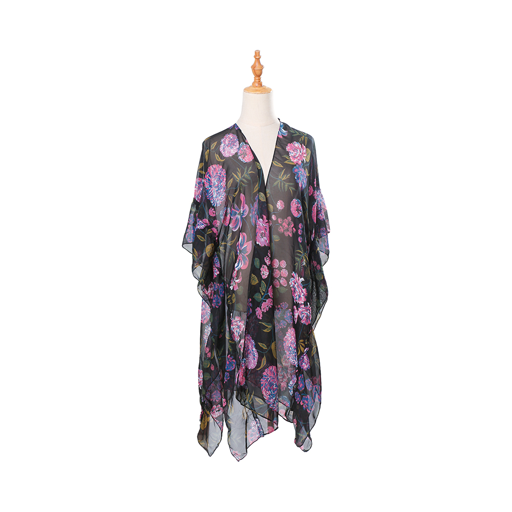 Mulierum florum print puff sleeve chiffon kimono cardigan solutam operimentum fortuita subucula cacumina