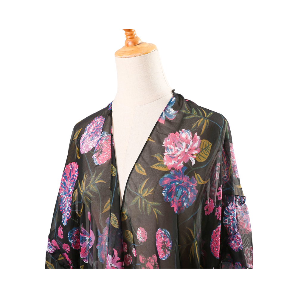 Mulierum florum print puff sleeve chiffon kimono cardigan solutam operimentum fortuita subucula cacumina