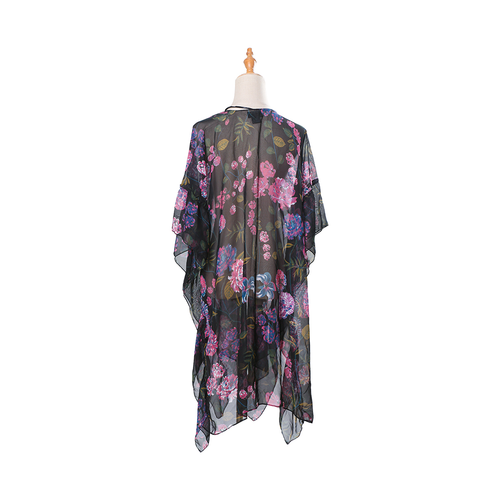 Mulierum florum print puff sleeve chiffon kimono cardigan solutam operimentum fortuita subucula cacumina