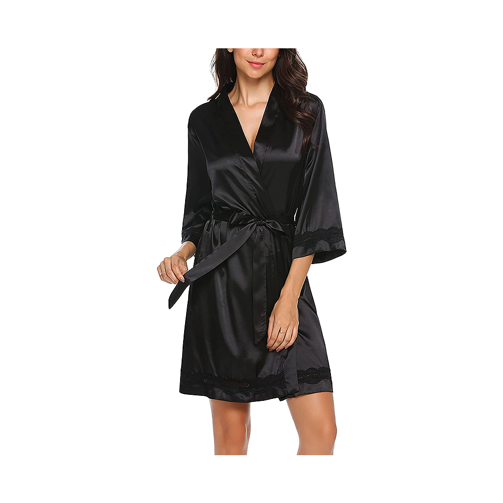 Women's lace-stringere sericum breve kimono satin bathrobe breve parum pudici v collum sleepwear